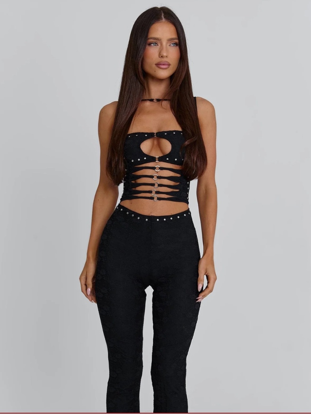 BRAND NEW OUTCAST BAILEY Lace Slim Fit Studded Cut Out JUMPSUIT Size XS